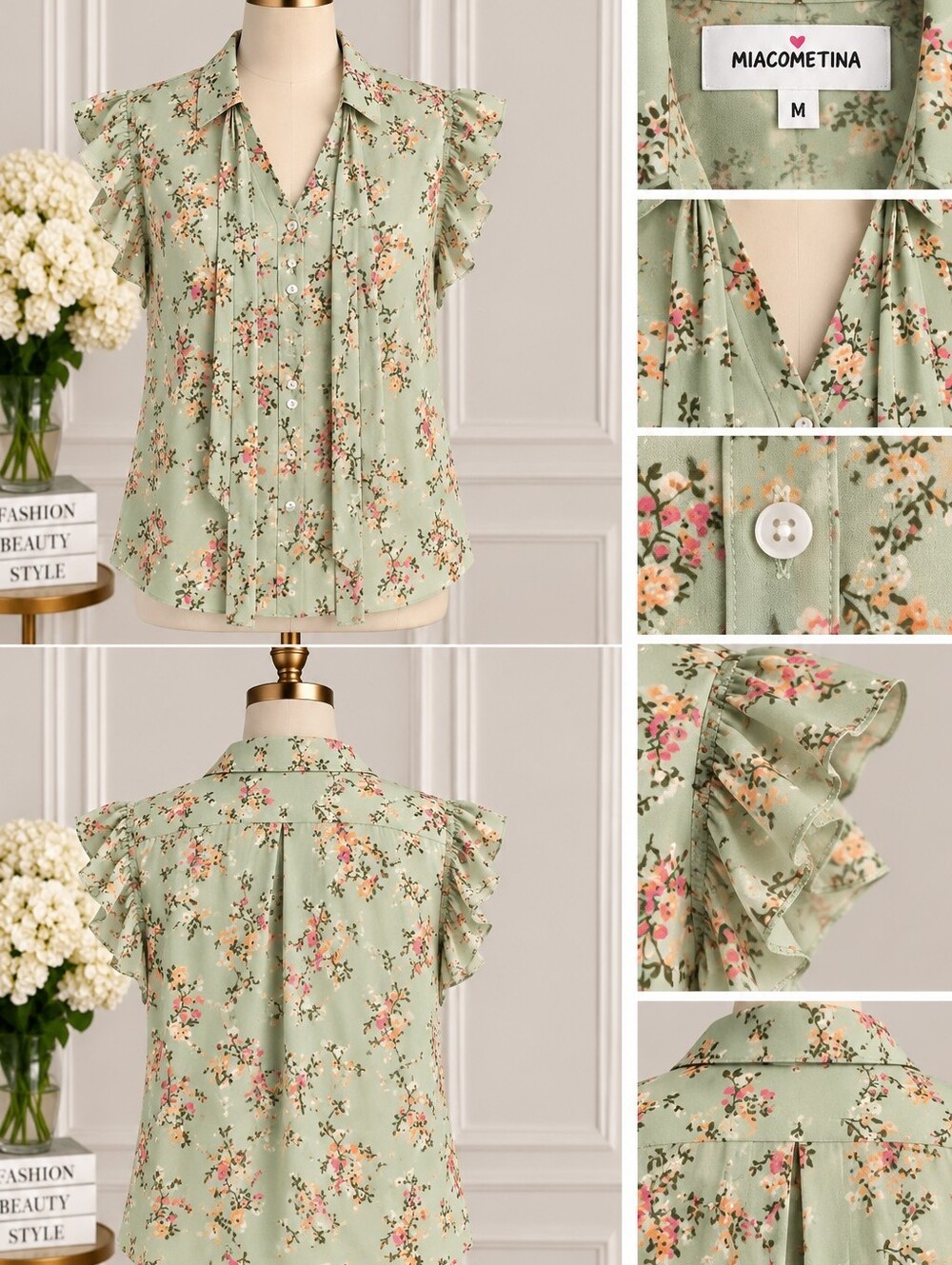 MiaCometina Floral Ruffle Sleeve Blouse - Sage Green